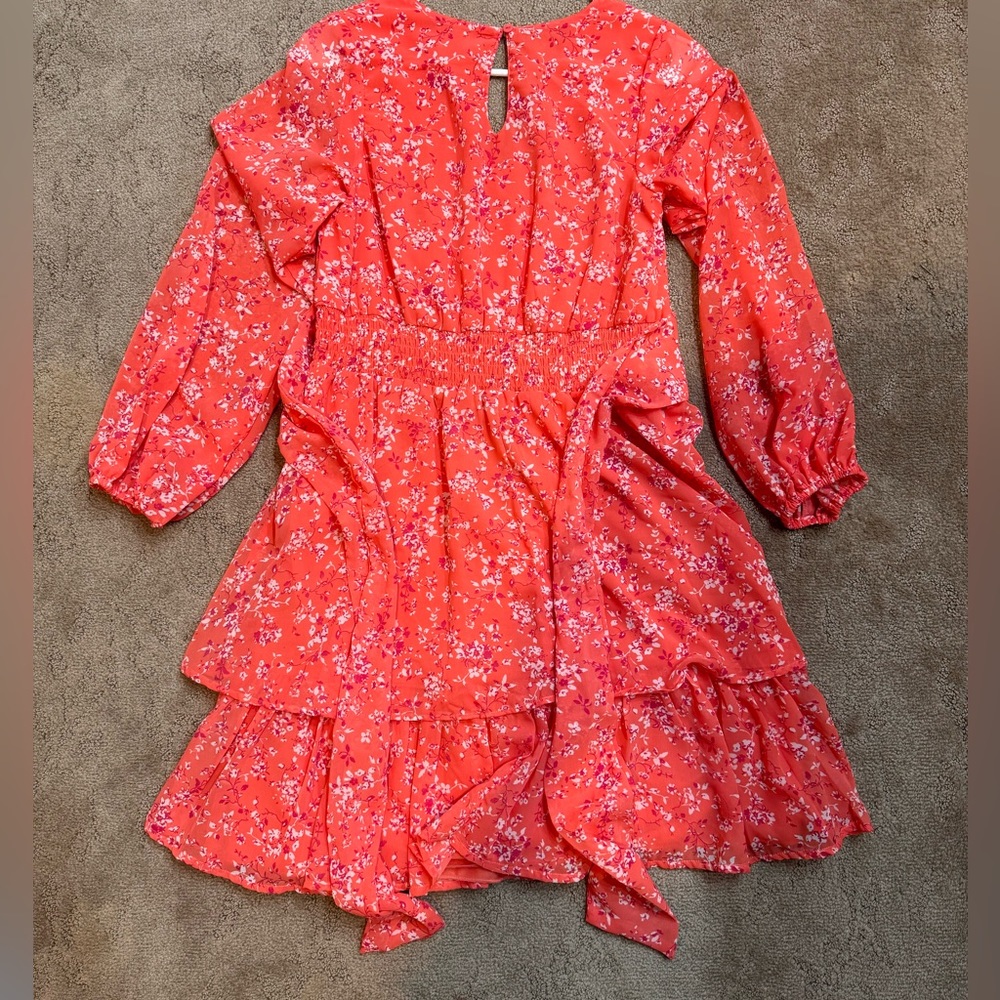 Japna Dress S Orange White Floral Tie Sash Tiered Skirt Lined Boho
